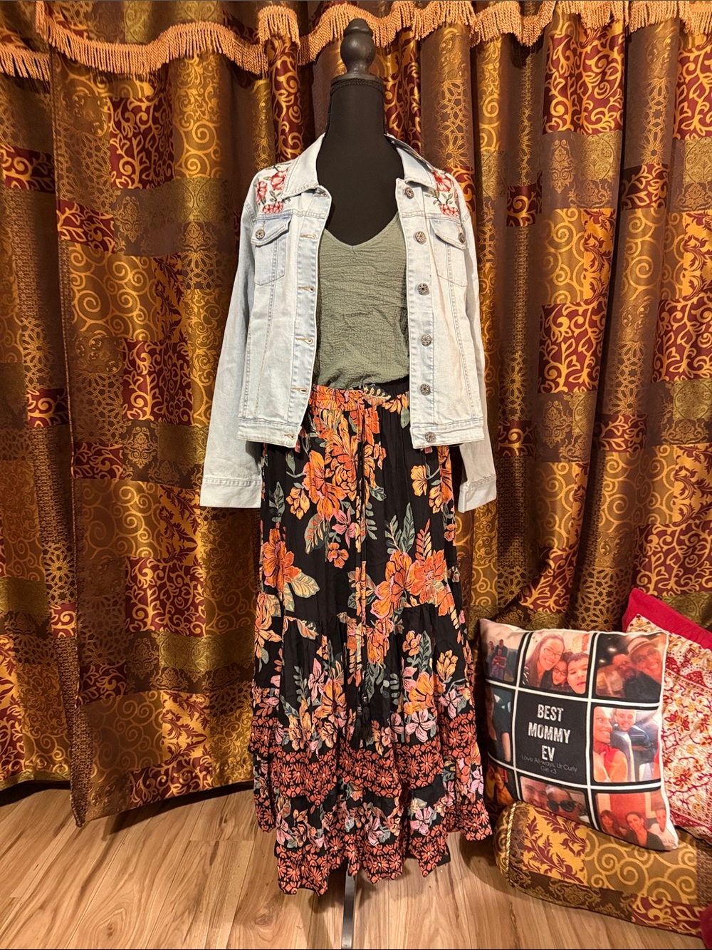Three piece set western embroidered jean jacket tiered  skirt and woven top
